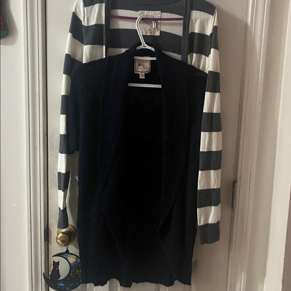Hollister Grey and White Striped button up. Pink Rose navy blue cardigan.